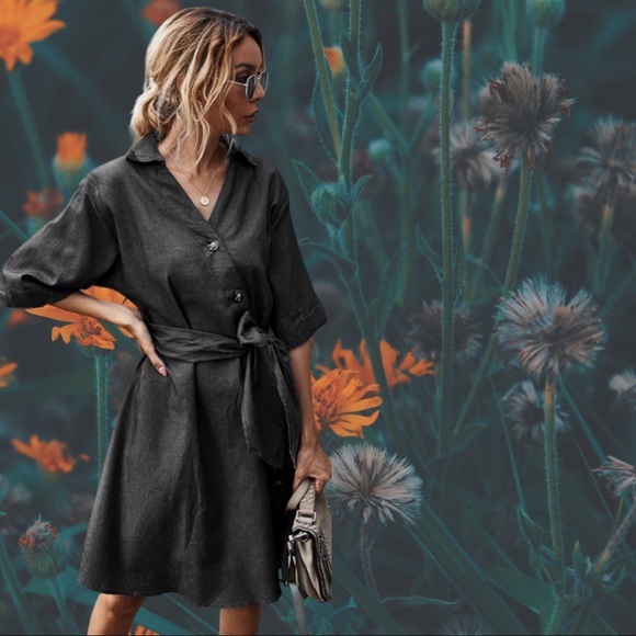 Black Denim Tie Waist Button Down V Neck Dress - Picture 8 of 10